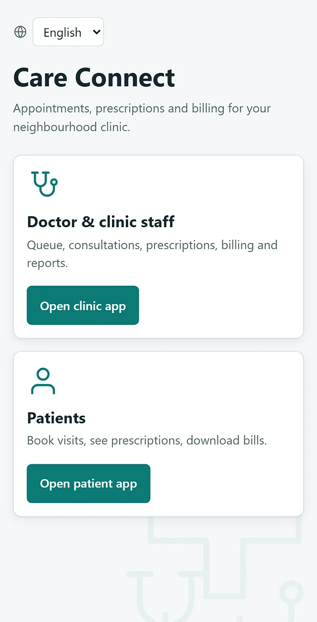 Care Connect: phone screen, light theme