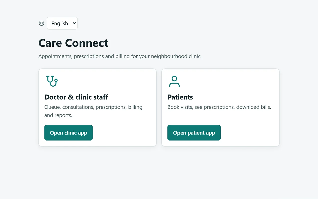 Care Connect: desktop screen, light theme
