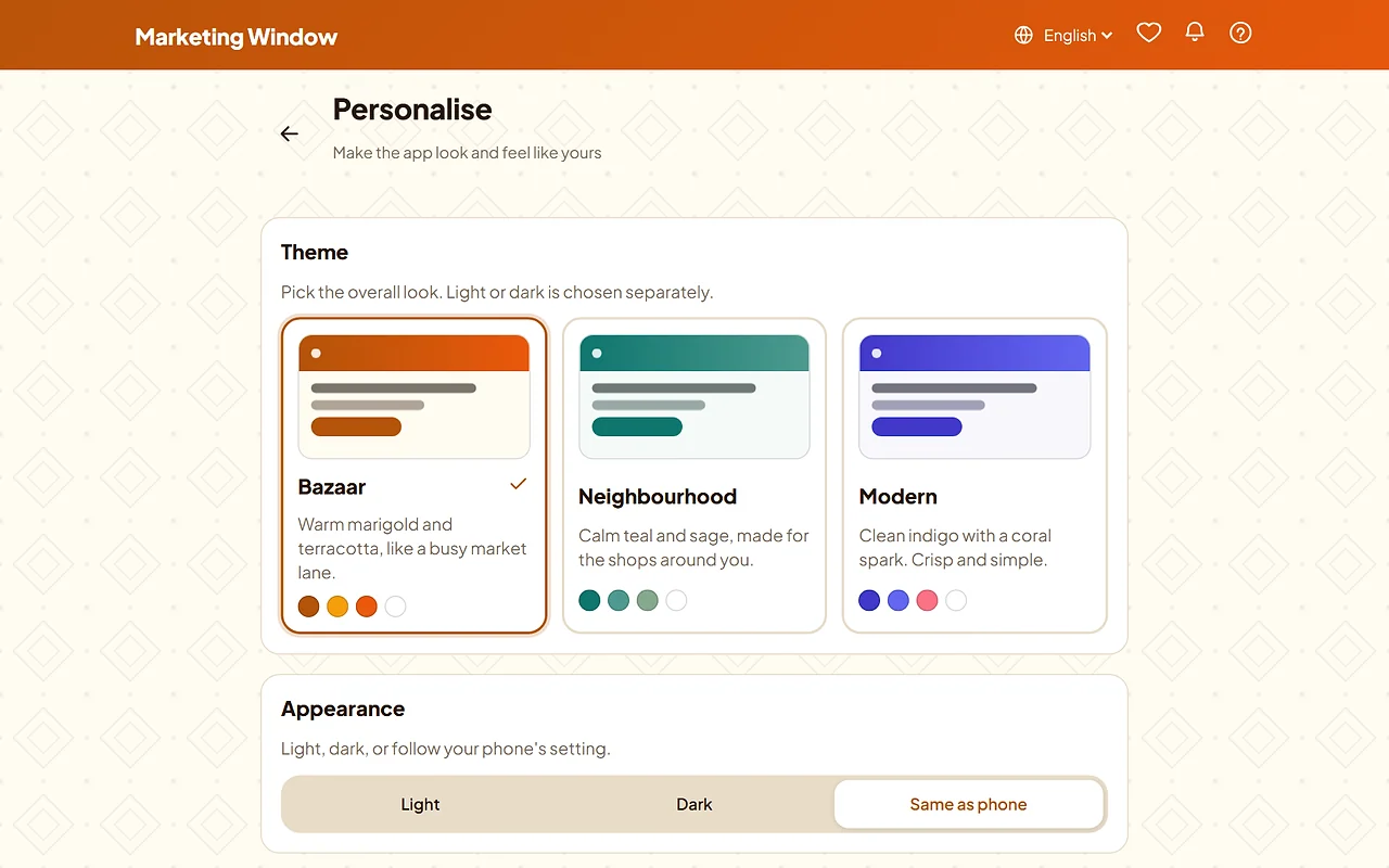 Marketing Window: desktop screen, light theme
