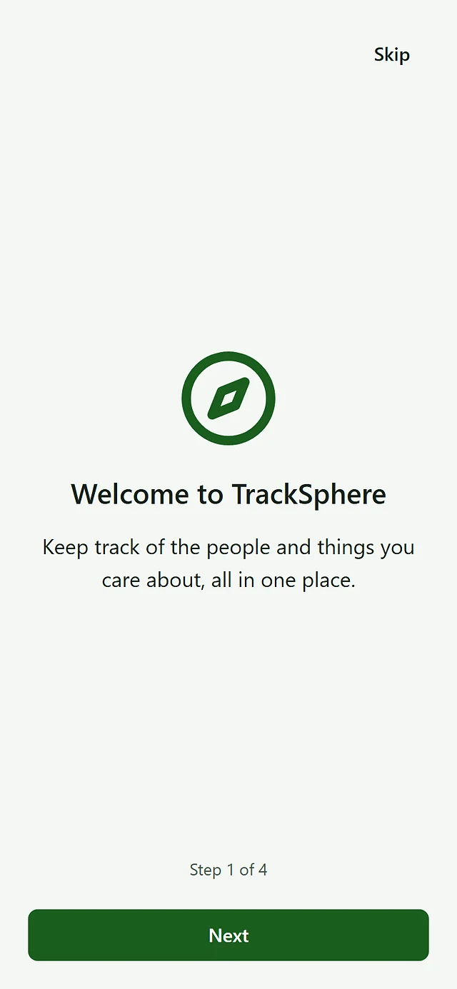 TrackSphere: phone screen, light theme