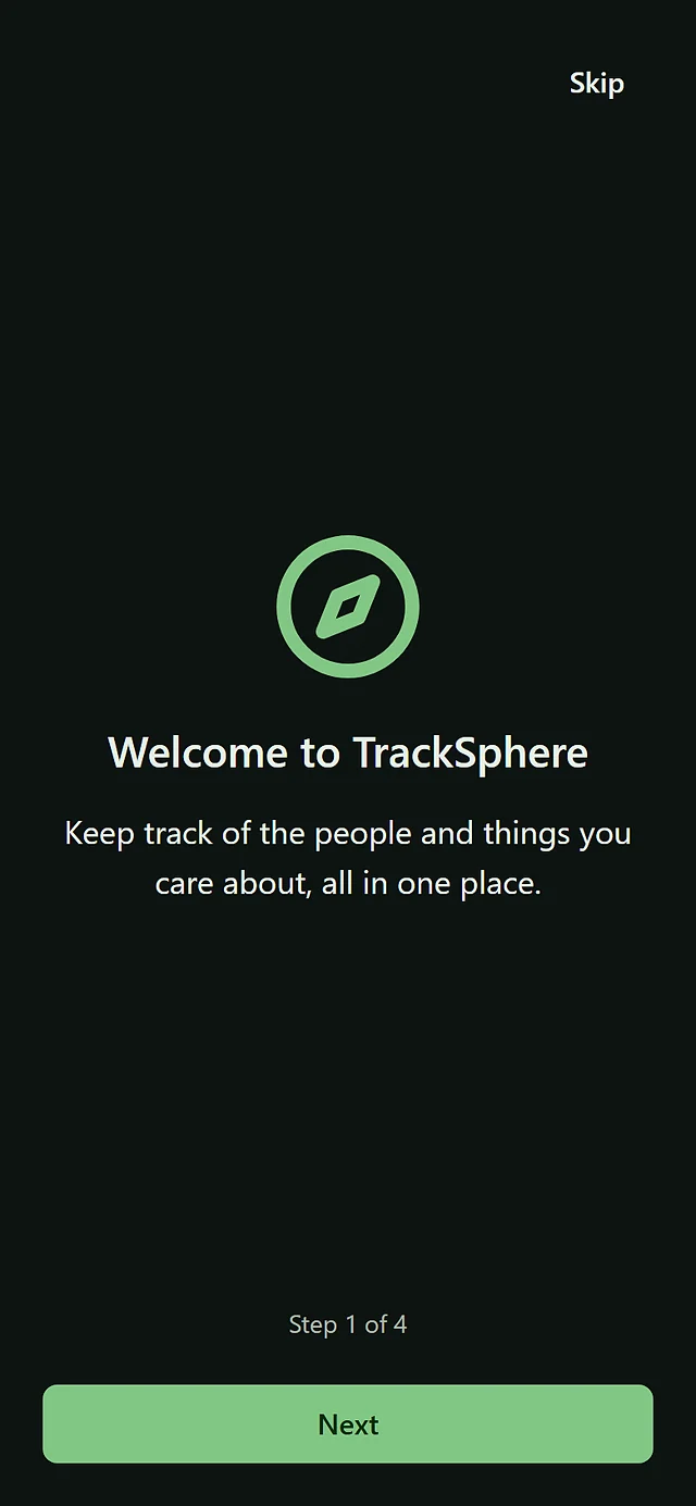 TrackSphere: phone screen, dark theme